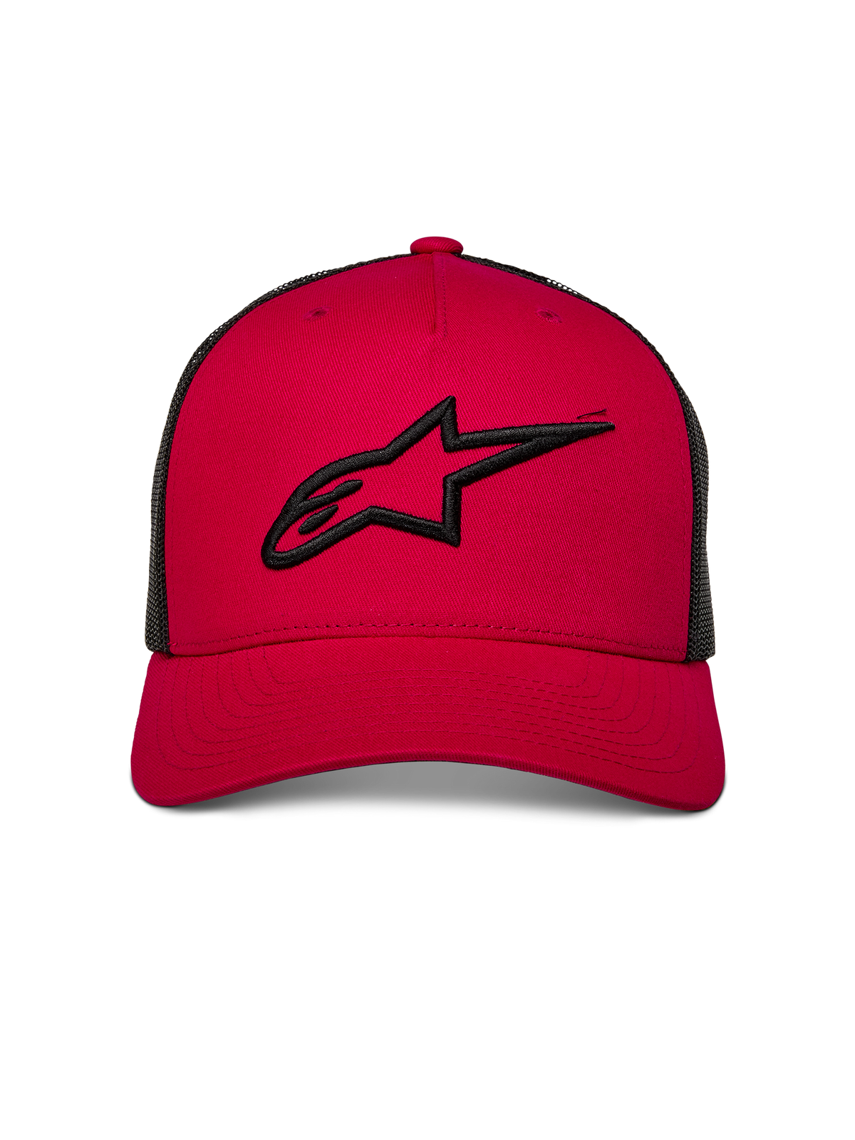 Alpinestars Ageless Trucker Hat, Red with Black Mesh Back, front 3D embroidered Astars logo in black, curved bill, casual motorsport-inspired headwear