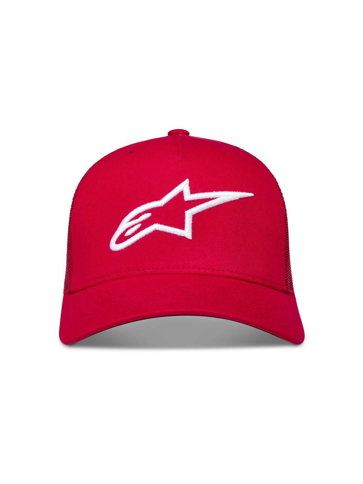 Alpinestars Ageless Snapback, boné trucker para sportswear, vermelho com logótipo Astars bordado em 3D branco, aba curva e coroa estruturada.
