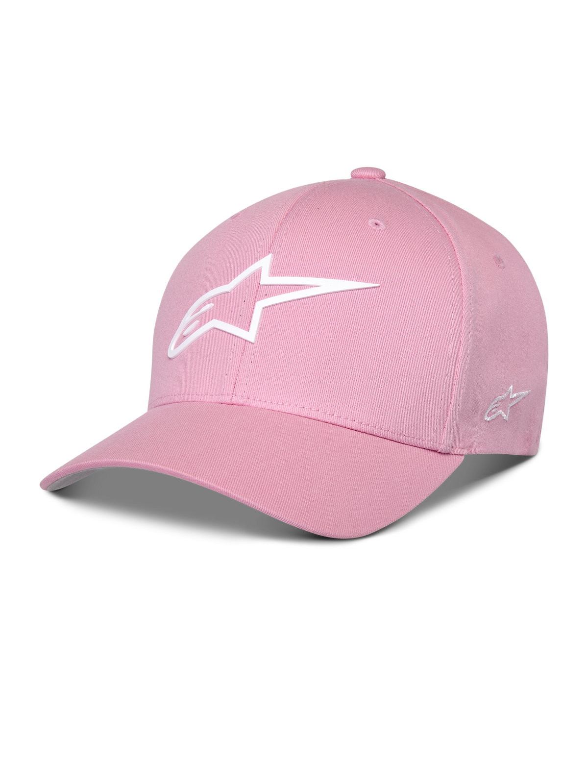 Alpinestars Ageless Multi Hat, boné de basebol rosa, pala curva, logótipo Astars em 3D branco, coroa estruturada, vestuário desportivo casual