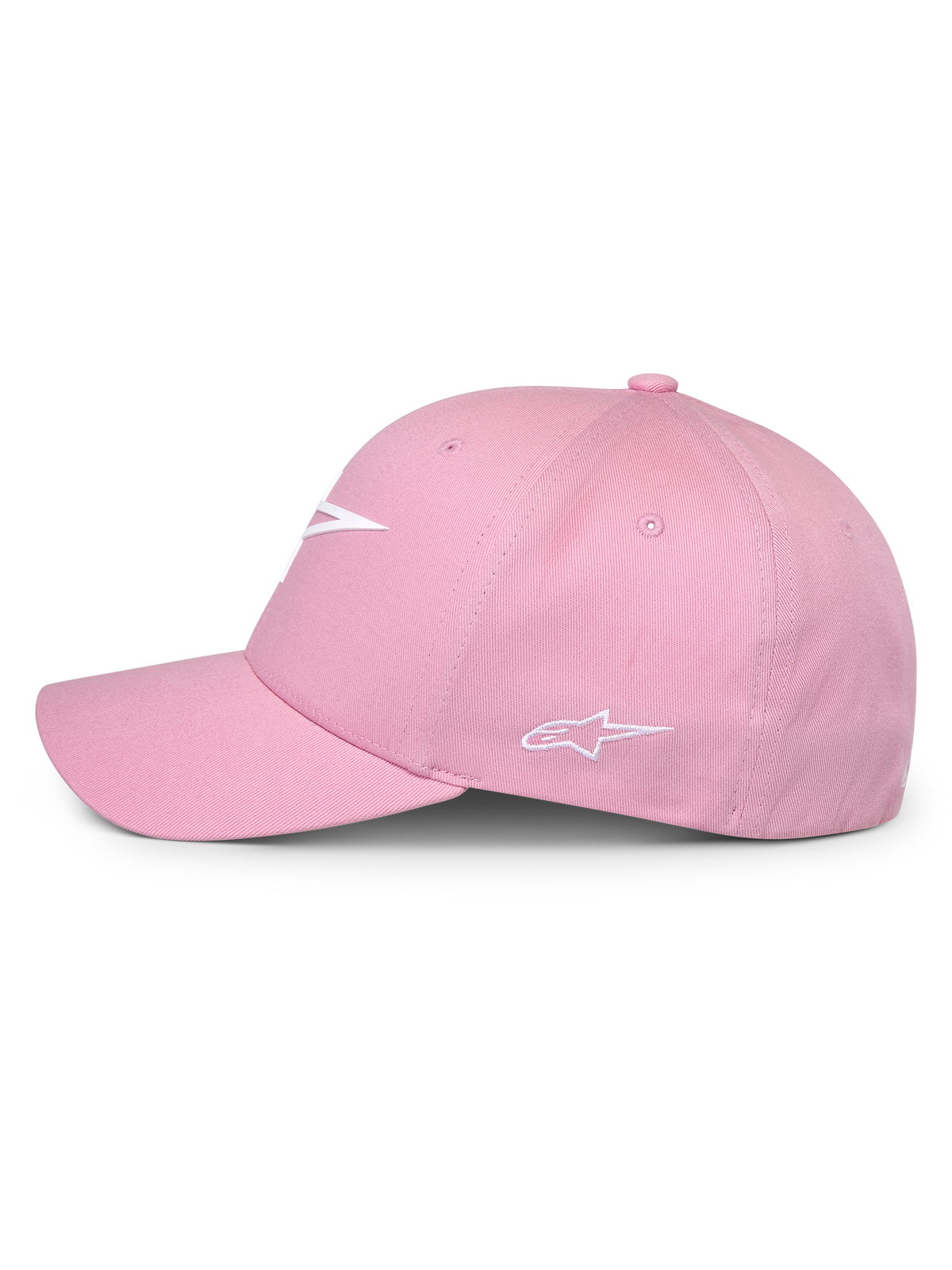 Alpinestars Ageless Multi Hat, Rosa, vista de perfil lateral, com logótipo frontal branco impresso em 3D e logótipo lateral bordado, coroa estruturada com aba curva, boné casual inspirado no desporto motorizado