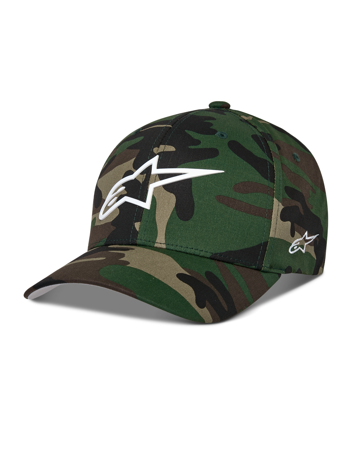 Alpinestars Ageless Multi Hat, boné de basebol camuflado verde, com logótipo Astars 3D branco na frente e bordado lateral, aba curva, coroa estruturada, streetwear casual inspirado no desporto motorizado
