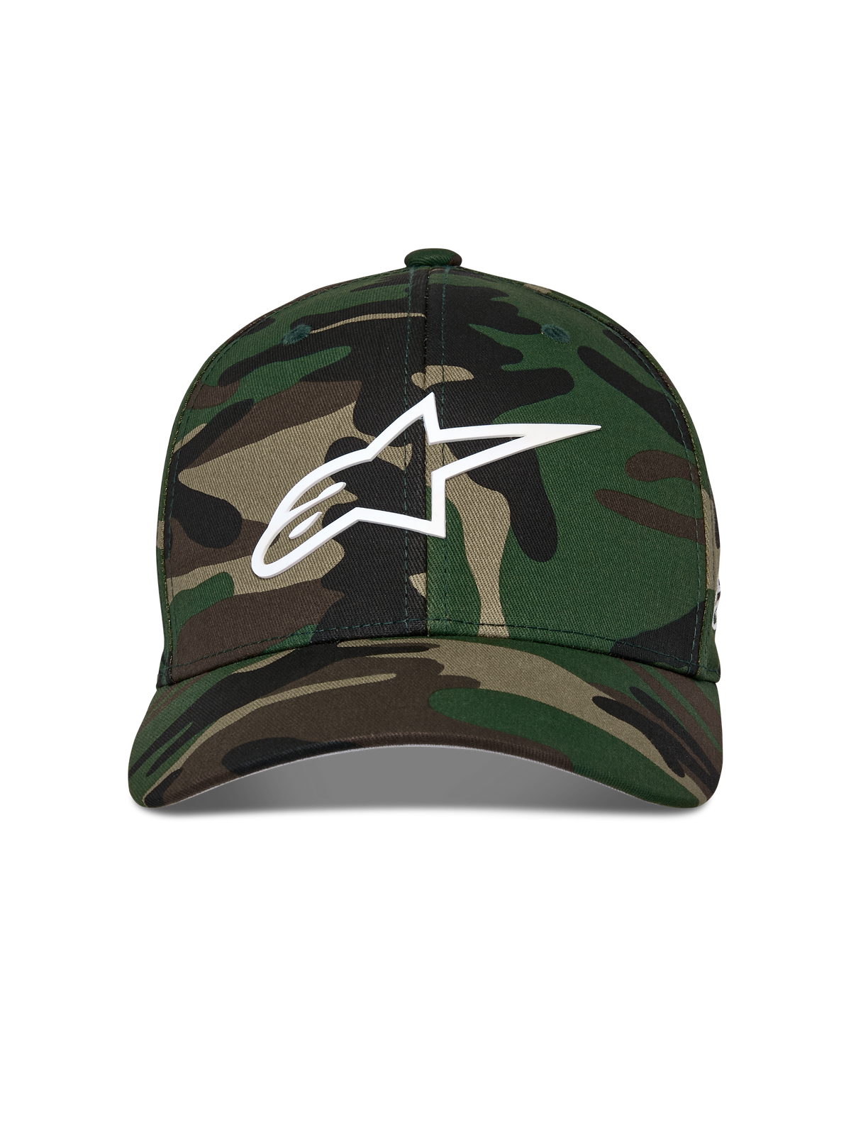 Alpinestars Ageless Multi Hat, boné de basebol, camuflado verde, com logótipo Astars branco impresso em 3D na frente, coroa estruturada e pala curva, acessório casual inspirado no desporto motorizado