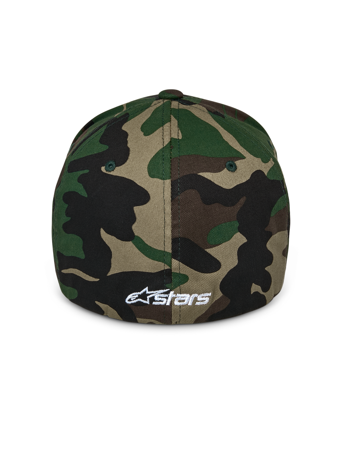 Chapéu Alpinestars Ageless Multi, boné de basebol com padrão camuflado verde, vista traseira mostrando um pequeno logótipo Astars bordado a branco, com coroa estruturada e design flex back