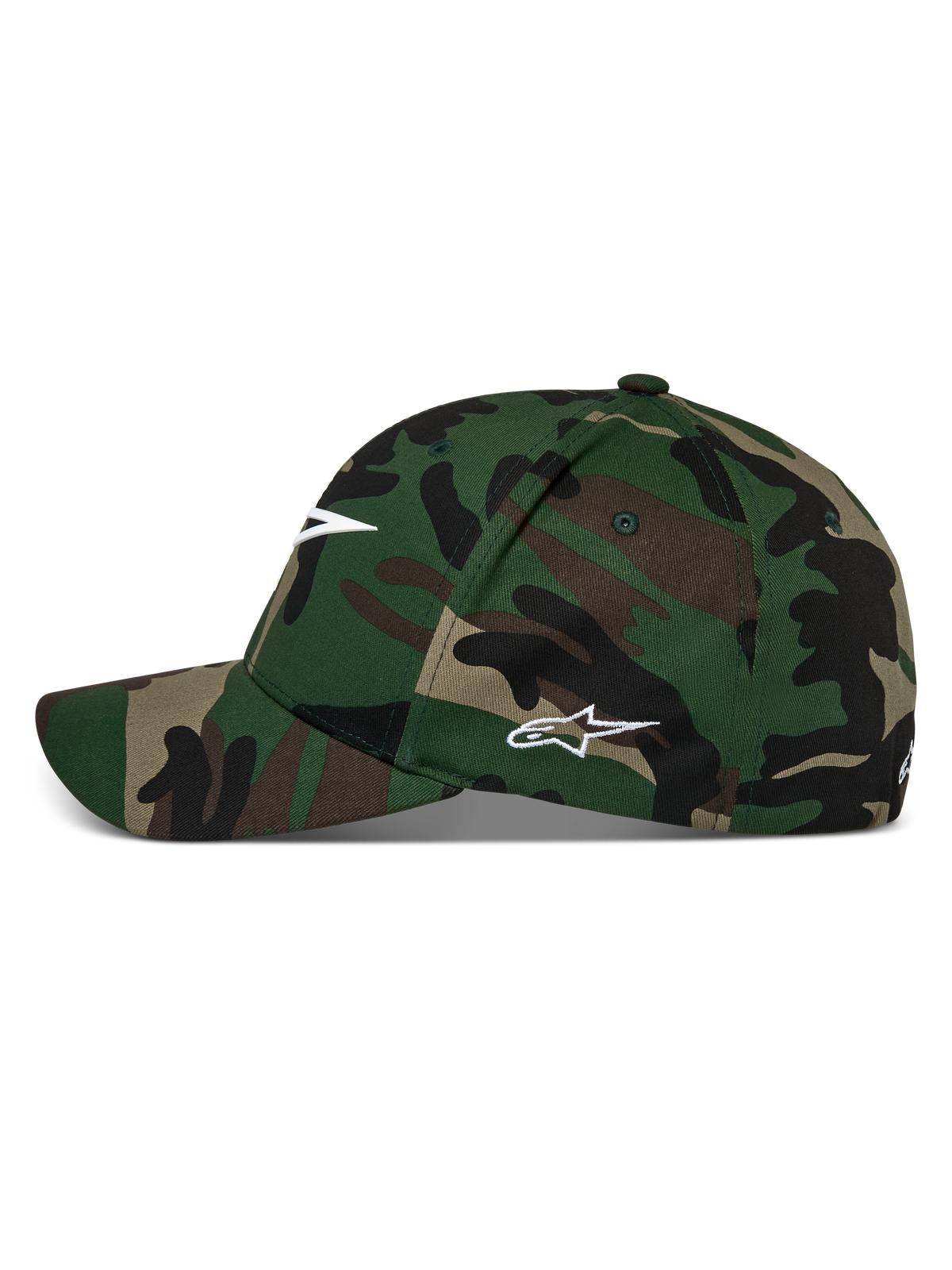 Alpinestars Ageless Multi Hat, boné de basebol com padrão de camuflagem verde, pala curva com coroa estruturada, logótipo Astars branco na frente e na lateral, streetwear casual de desportos motorizados