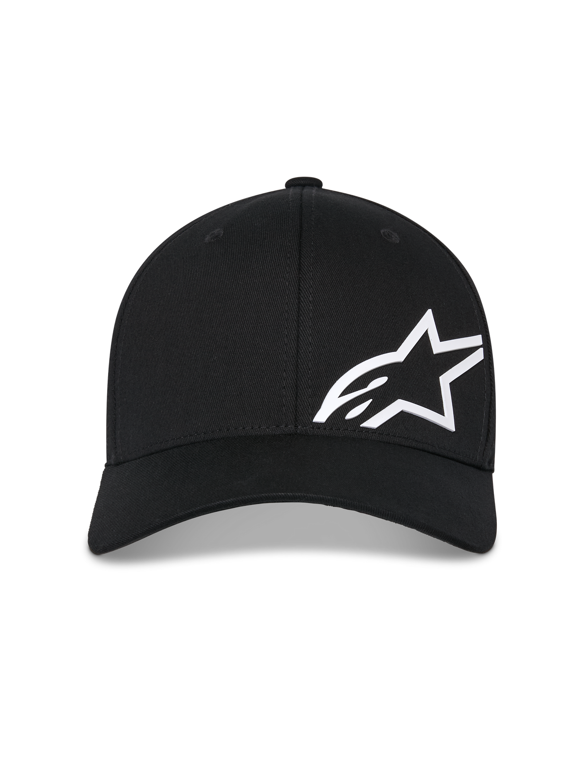 Alpinestars Corp Shift Multi Hat, boné de basebol preto, logótipo Astars branco em 3D na frente, aba curva, coroa estruturada, acessório casual inspirado no desporto motorizado