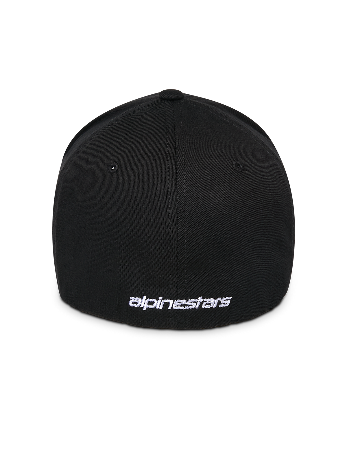 Boné Alpinestars Corp Shift Multi, preto, vista traseira com logótipo branco bordado plano na base, construção elástica flex back, acessório de cabeça casual inspirado no desporto motorizado