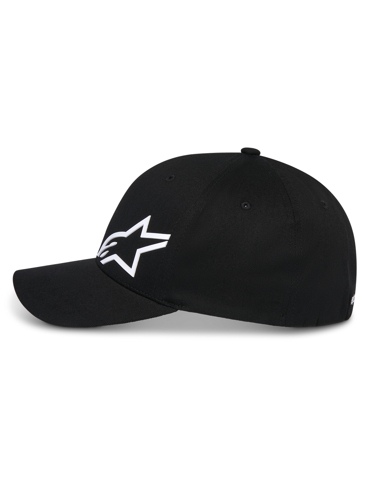 Boné Alpinestars Corp Shift Multi, boné de basebol preto, vista de perfil lateral, logótipo Astars 3D branco na frente, pala curva, coroa estruturada, streetwear casual inspirado no desporto motorizado