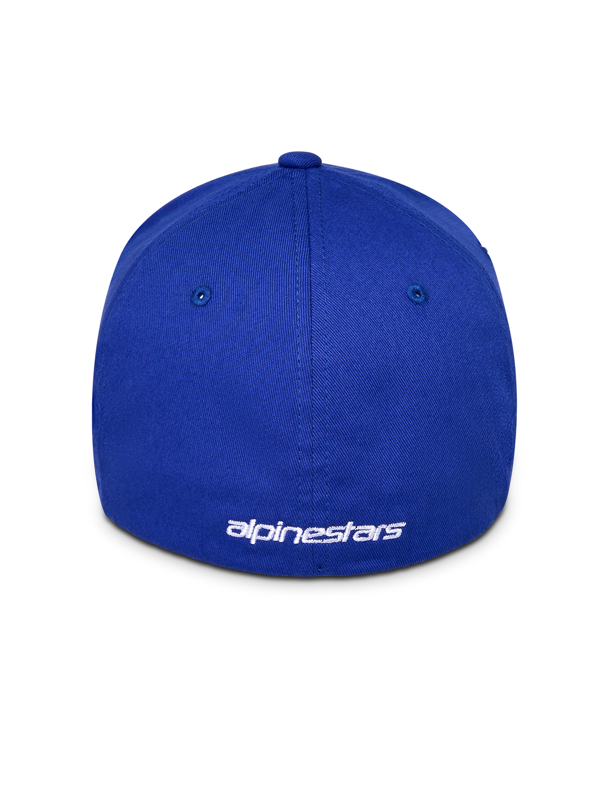 Boné Alpinestars Corp Shift Multi, boné de basebol azul, vista traseira com logótipo branco bordado, design flex back, coroa estruturada em tecido de sarja elástica