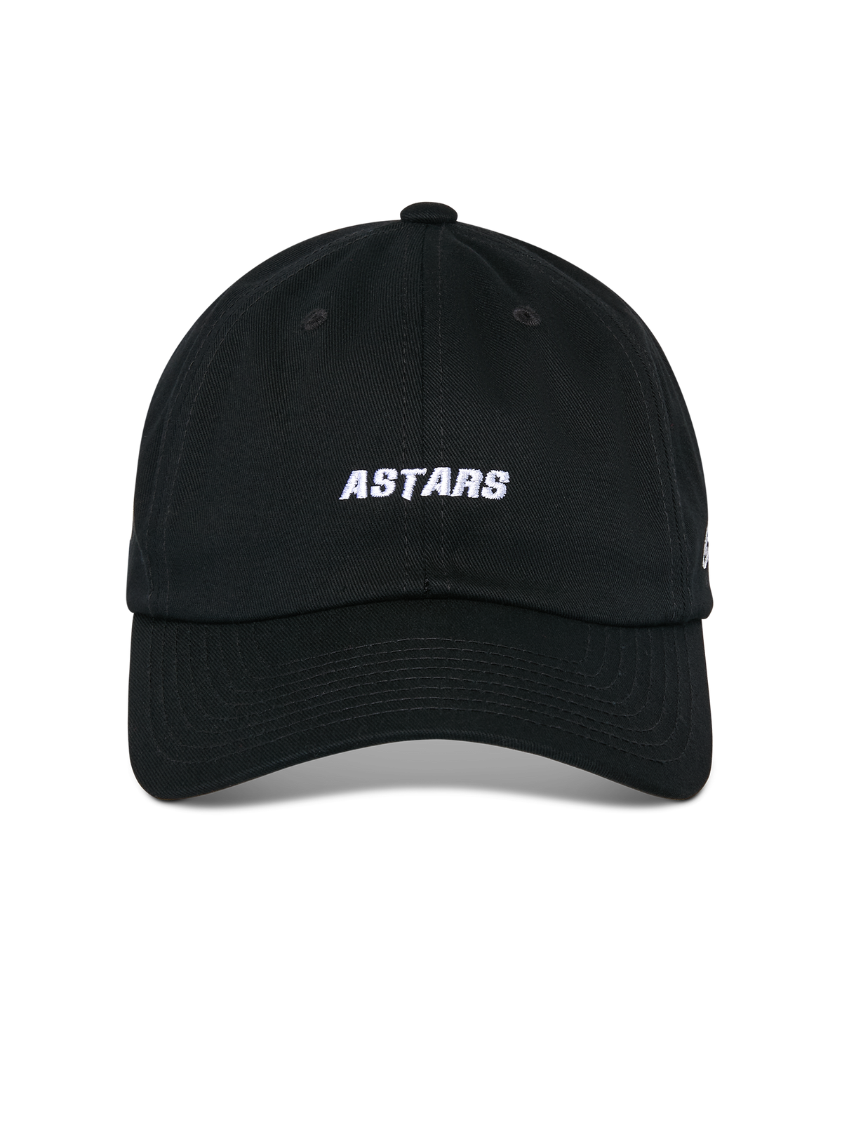 Boné Alpinestars Deduce Strapback, preto, vista frontal com bordado ASTARS a branco, pala curva, coroa baixa não estruturada, acessório casual de desportos motorizados