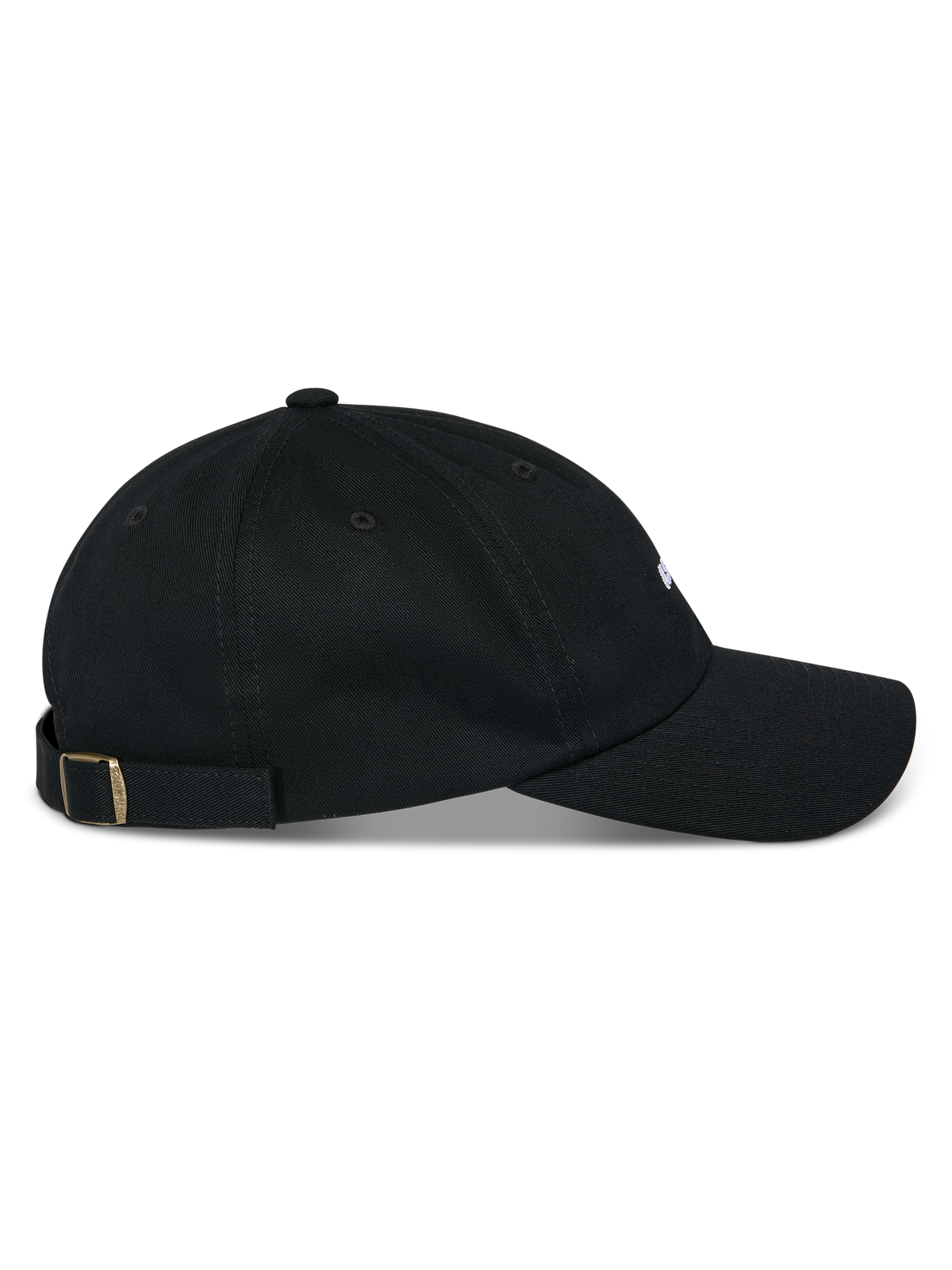 Alpinestars Deduce Strapback Hat, boné preto, vista de perfil, aba curva com coroa baixa não estruturada, tecido de sarja de algodão, fecho de tira ajustável com fivela metálica, acessório de cabeça casual inspirado no desporto motorizado