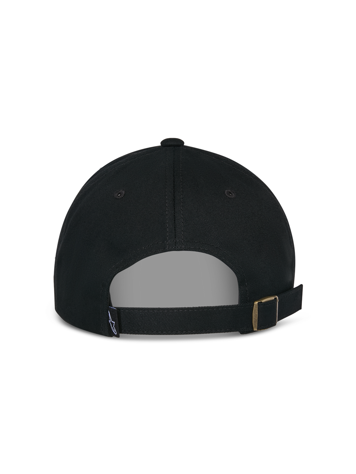 Alpinestars Deduce Strapback Hat, preto, vista traseira com fecho de tira ajustável com fivela de metal e pequena etiqueta com logótipo, boné casual de sarja de algodão