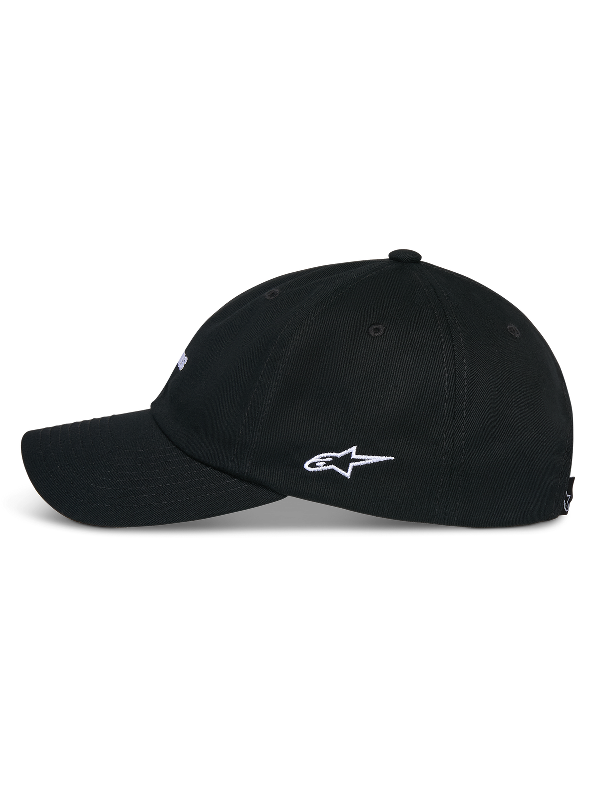Boné Alpinestars Deduce Strapback, preto, vista de perfil lateral mostrando a aba curva e o bordado do logótipo lateral Astars em branco, boné casual em sarja de algodão