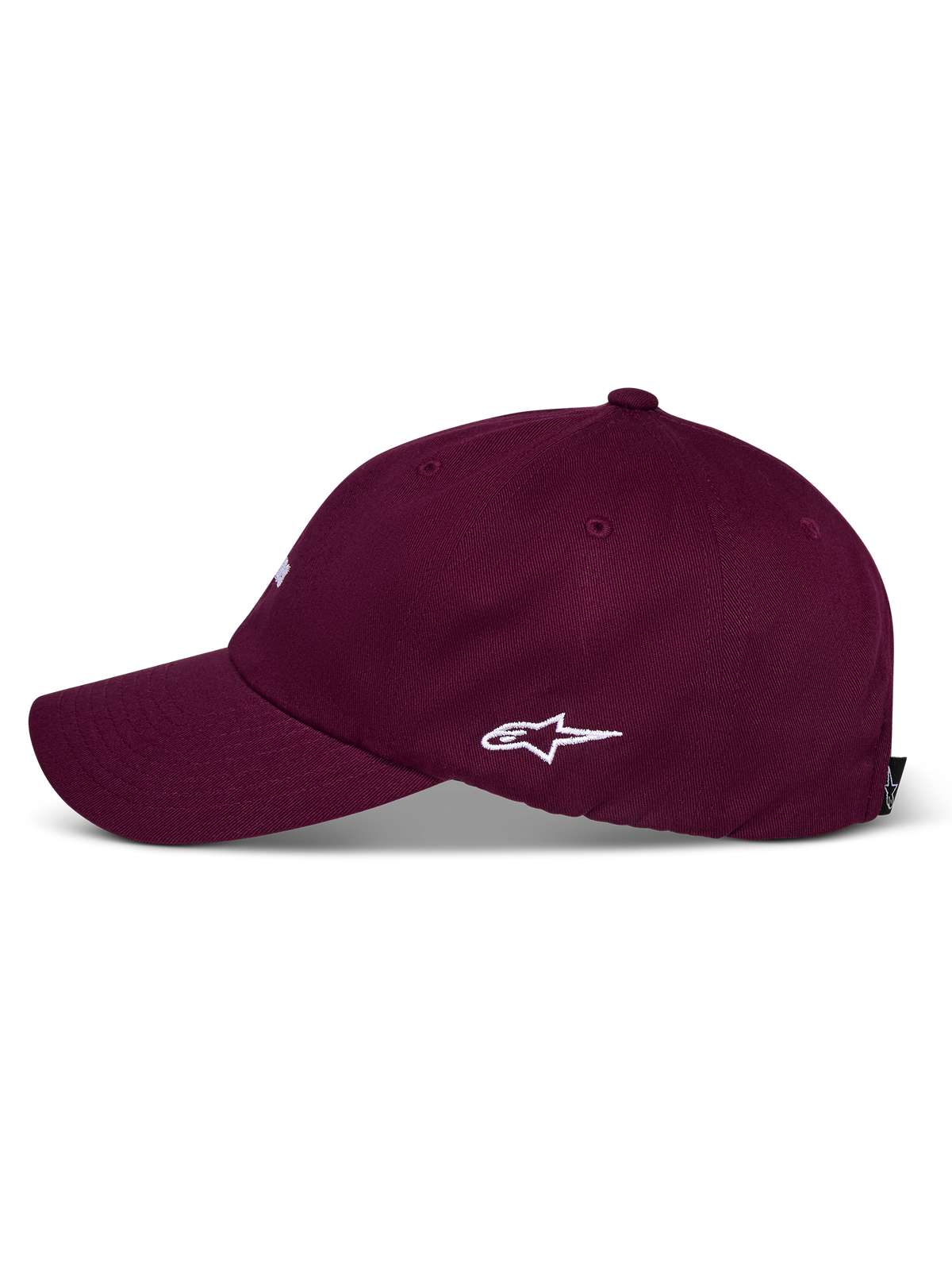 Boné Alpinestars Deduce Strapback, bordô, vista de perfil lateral com logótipo Astars bordado a branco, aba curva, coroa baixa não estruturada, acessório casual em sarja de algodão