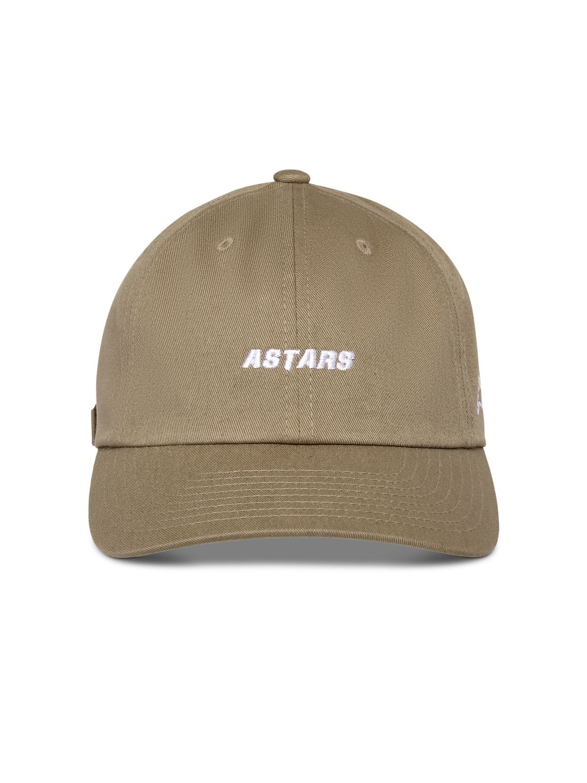 Boné Alpinestars Deduce Strapback, cáqui, coroa baixa não estruturada com aba curva, logótipo "Astars" bordado a branco na frente, tecido de sarja de algodão, acessório casual inspirado no desporto motorizado