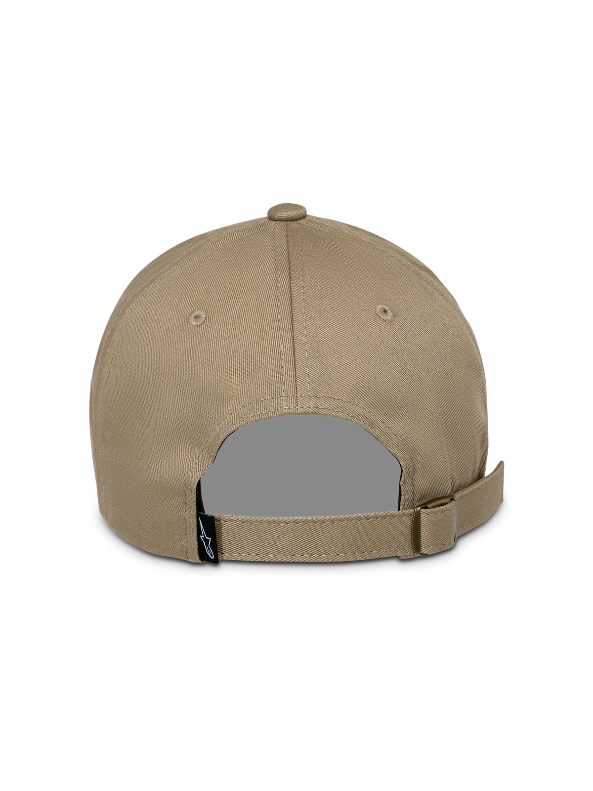 Boné Alpinestars Deduce Strapback, caqui, vista traseira com tira ajustável e fivela metálica, com uma pequena etiqueta de logótipo preta, acessório casual em sarja de algodão