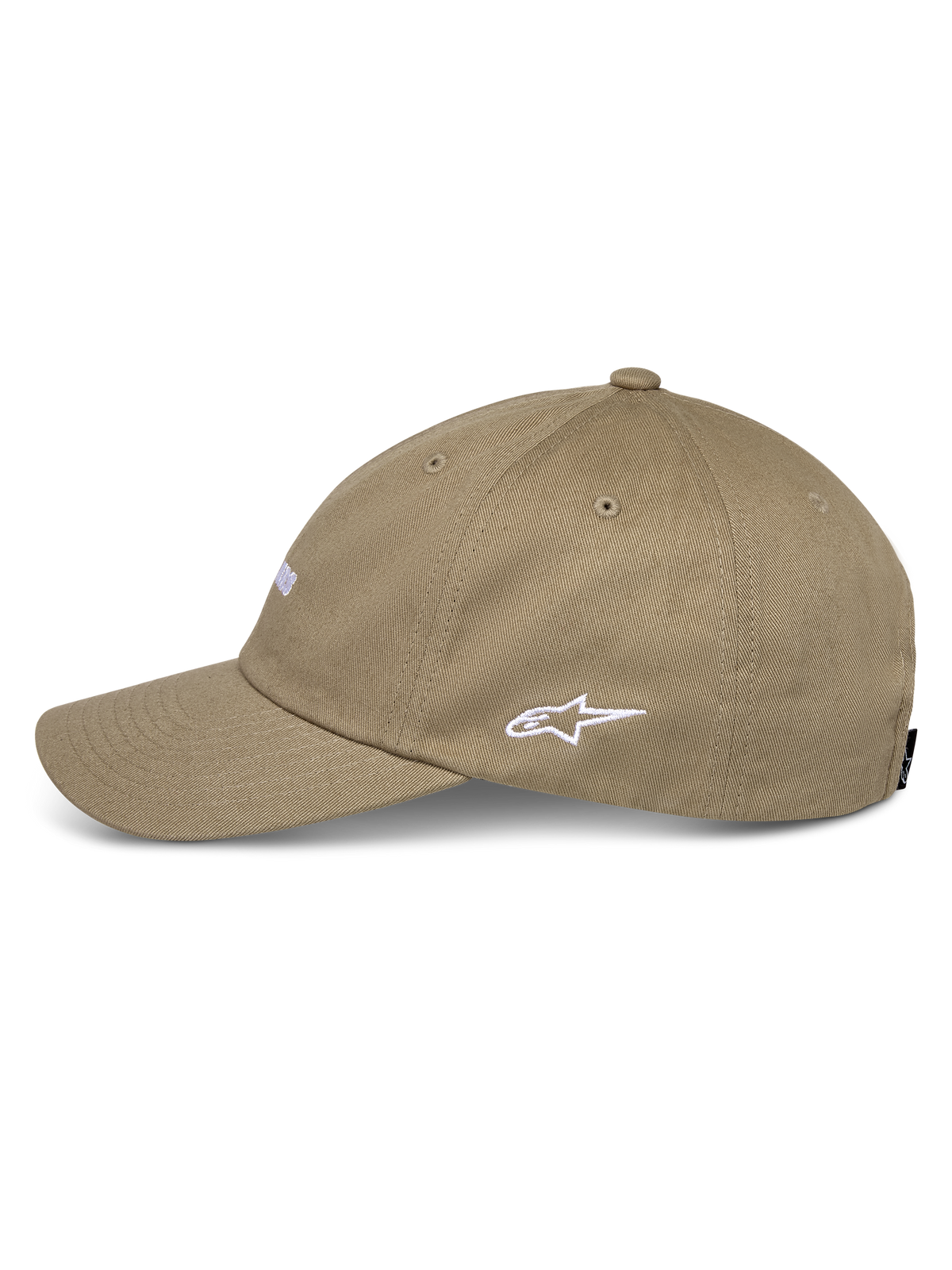 Chapéu Alpinestars Deduce Strapback, cáqui, vista de perfil lateral com logótipo Astars bordado a branco, pala curva, construção em sarja de algodão, streetwear casual de desportos motorizados