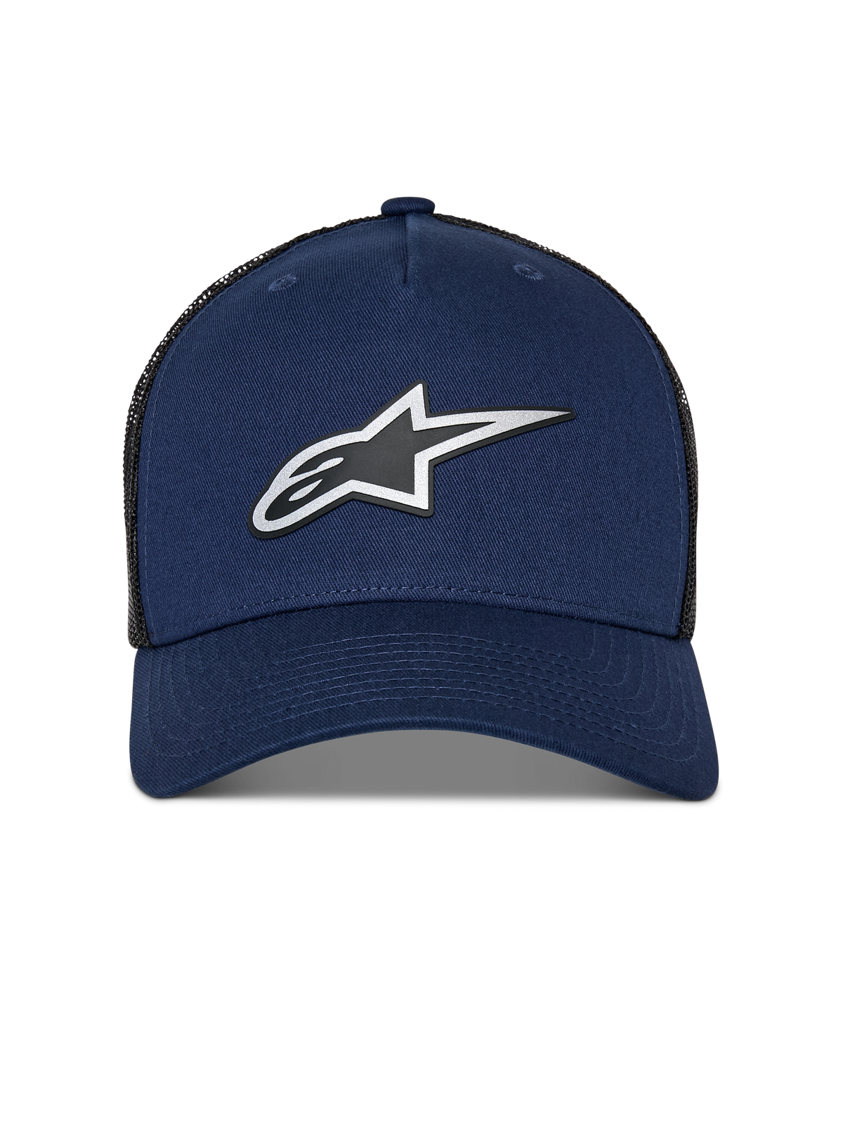 Boné Alpinestars Reflect Ageless Trucker, azul marinho e malha preta, logótipo Astars refletivo em HD na frente, pala curva, coroa estruturada, acessório casual de desportos motorizados