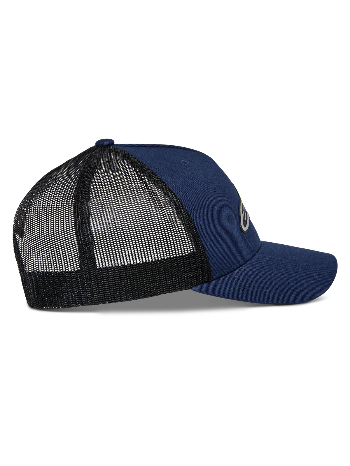 Boné Trucker Alpinestars Reflect Ageless, azul-marinho e preto, vista lateral com pala curva e parte traseira em malha preta respirável, coroa estruturada, acessório casual de desporto motorizado