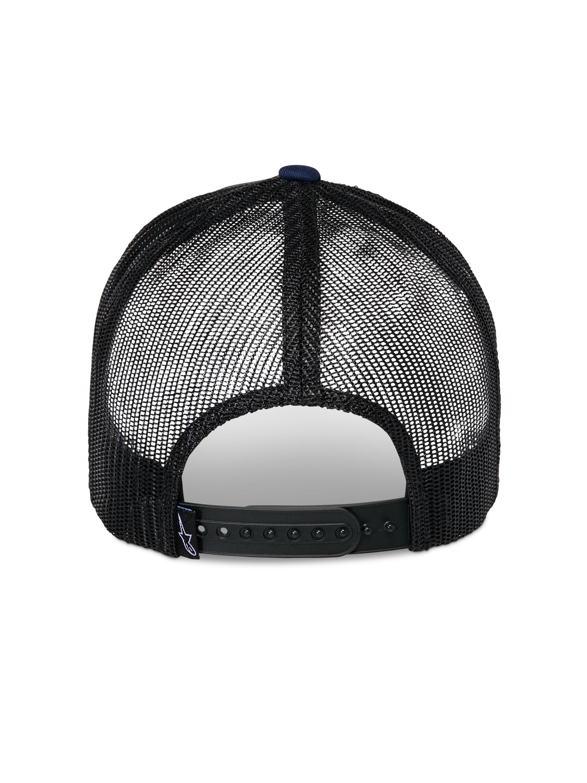 Boné Trucker Alpinestars Reflect Ageless, vista traseira, azul-marinho e preto, com painéis de malha preta respirável e fecho snapback ajustável, acessório casual de desportos motorizados