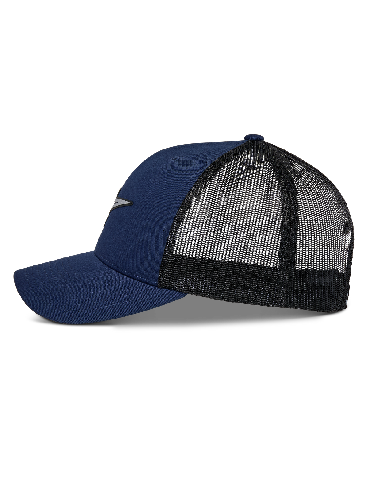 Alpinestars Reflect Ageless Trucker Hat, azul-marinho e preto, perfil lateral mostrando a pala curva e a parte traseira em malha, logótipo Astars refletivo na frente, acessório casual de desportos motorizados