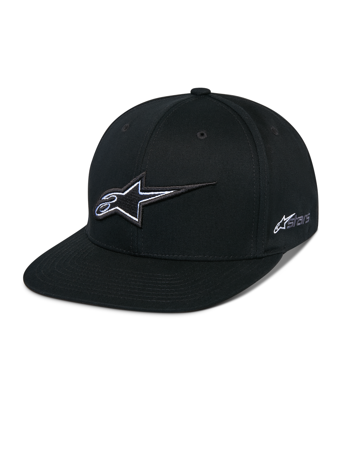 Alpinestars Thickness Snapback Hat, boné de basebol preto com pala plana, logótipo de estrela bordado em 3D branco e cinzento, logótipo Astars lateral, design estruturado com furos de ventilação, acessório de cabeça casual de desporto motorizado