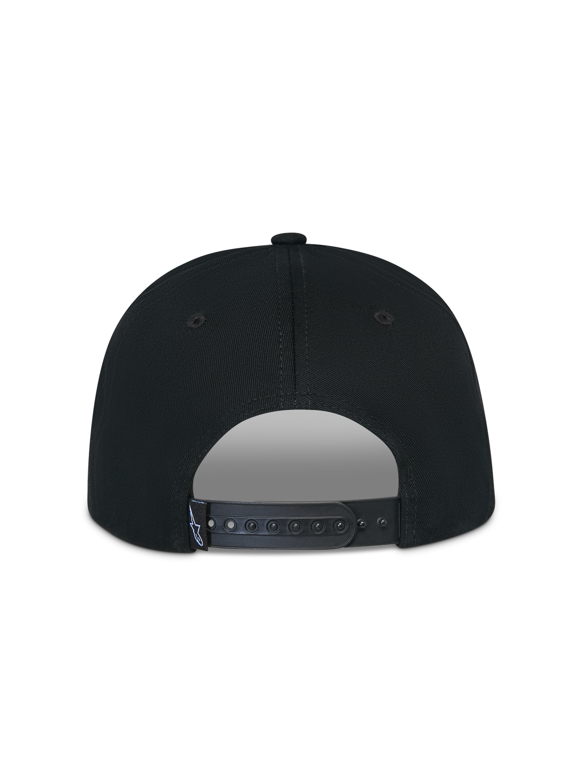 Alpinestars Thickness Snapback Hat, boné preto, vista traseira com fecho snapback ajustável, tira de plástico preta com pequena etiqueta do logótipo Astars em branco, coroa estruturada em sarja de algodão, estilo desportivo casual