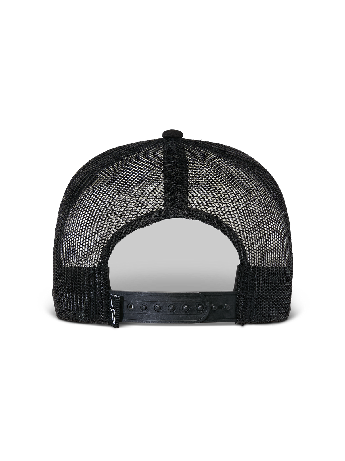 Boné Alpinestars Flag Flat Trucker, preto, vista traseira mostrando a construção em malha de poliéster respirável, fecho snapback ajustável e pequeno detalhe de logótipo tecido, acessório casual de desportos motorizados