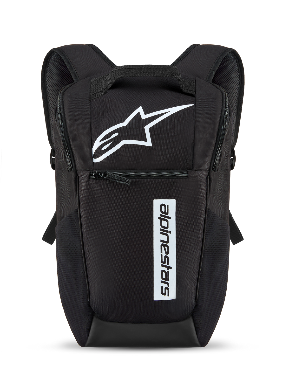 Alpinestars Defcon V3 Backpack, preta e branca, mochila pequena de uso diário com logótipo de estrela branco e marca nominativa vertical, bolso frontal com fecho de correr, alças de ombro acolchoadas, material de poliéster 600D durável