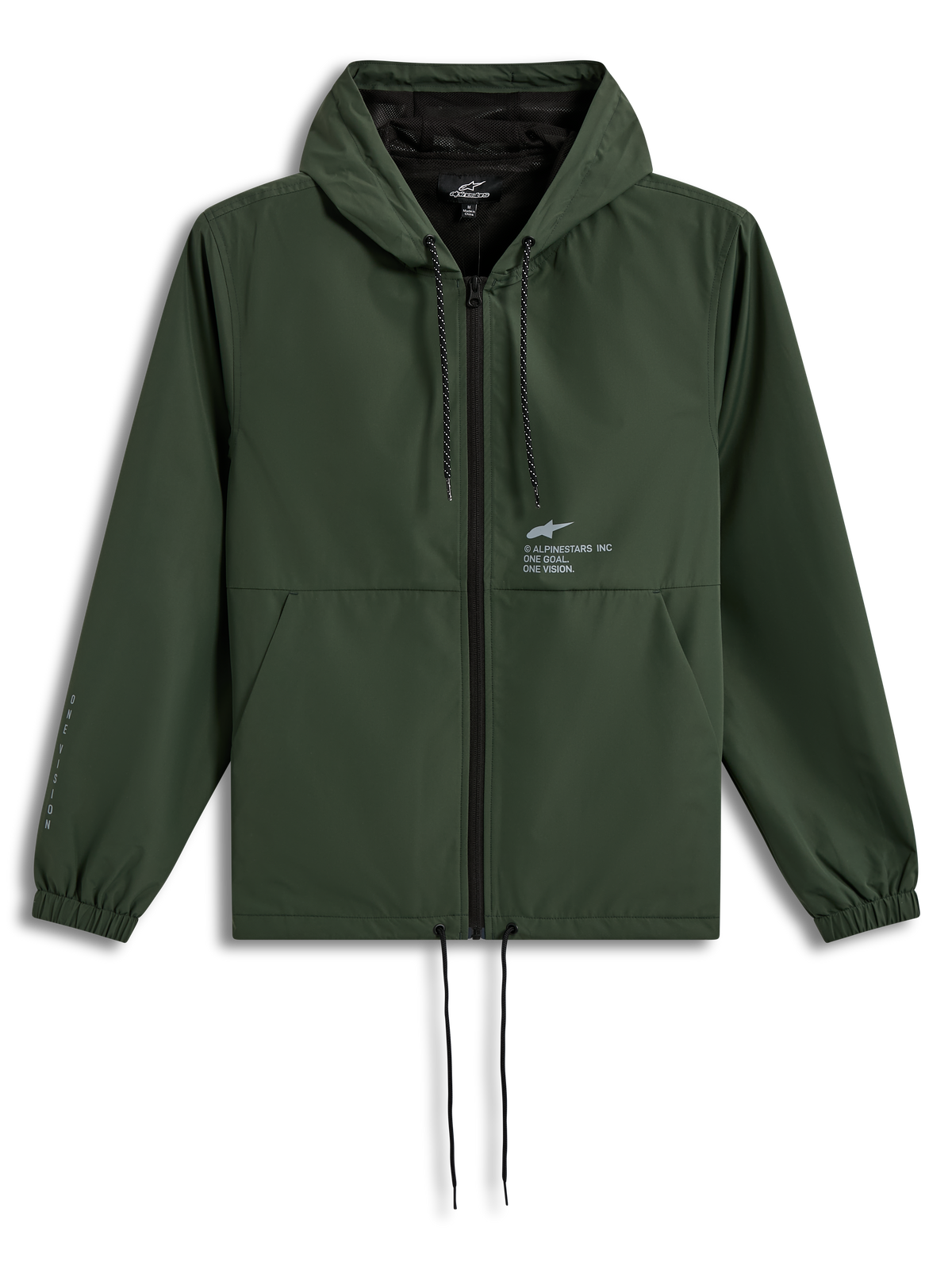 Alpinestars Speeder Resolve Windbreaker Casaco, casaco corta-vento verde pinho com capuz e forro de malha, logótipo Astars no peito, punhos elásticos e cordões ajustáveis, roupa desportiva casual.