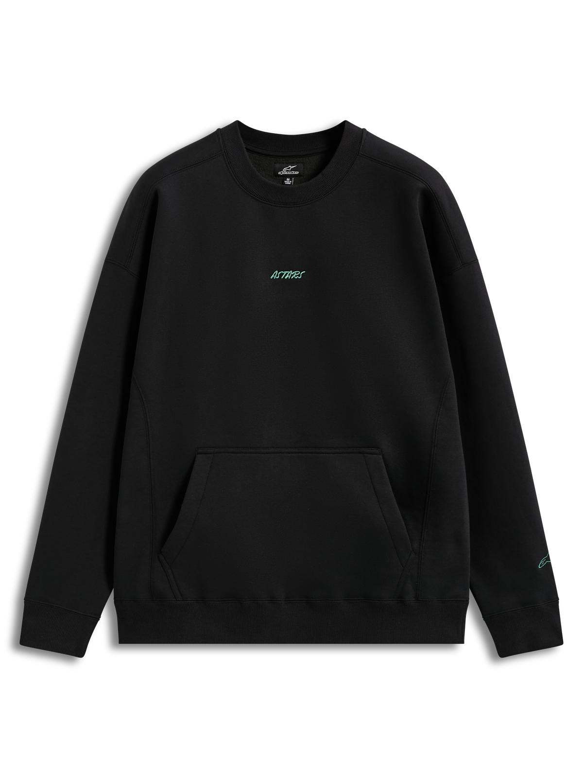 Alpinestars Guise Oversized Crew, camisola preta em fleece com logótipo bordado verde-azulado e bolso canguru.