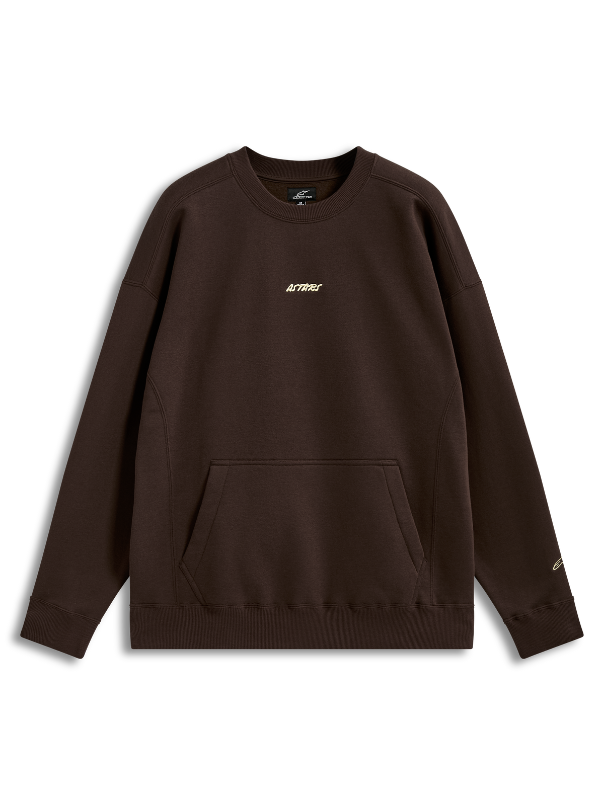 Alpinestars Guise Oversized Crew, camisola de fleece castanha com corte largo, bolso canguru e logótipo Astars bordado.