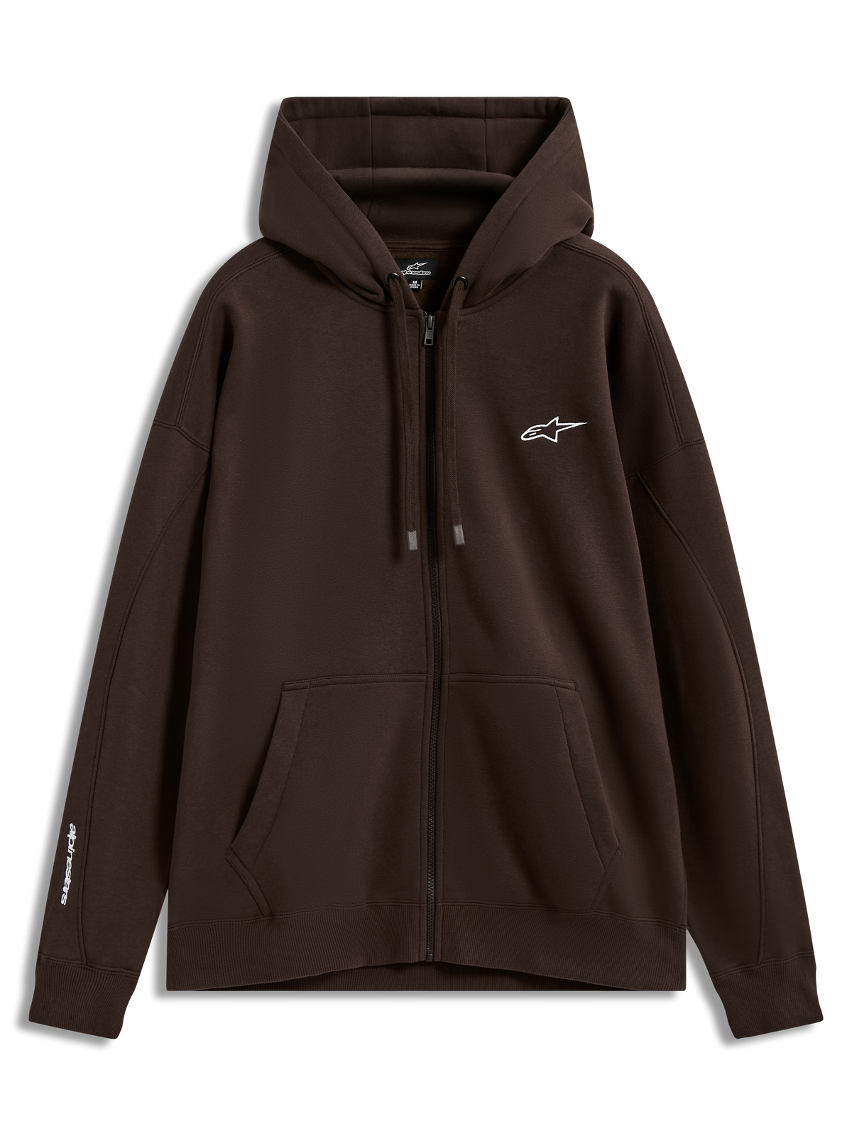 Alpinestars Entity Oversized Hoodie, casaco com capuz castanho em fleece, fecho de correr, logótipos brancos e bolso canguru.