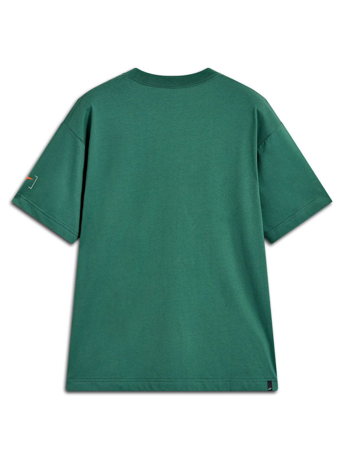 Alpinestars Infinity Oversized CSF Tee, t-shirt de manga curta verde, vista traseira com detalhe gráfico laranja na manga, estilo sportswear casual