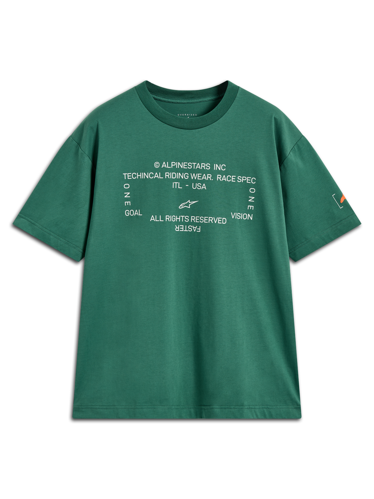 Alpinestars Infinity Oversized CSF Tee, t-shirt verde de manga curta com gráfico frontal branco e logótipo Astars na manga.