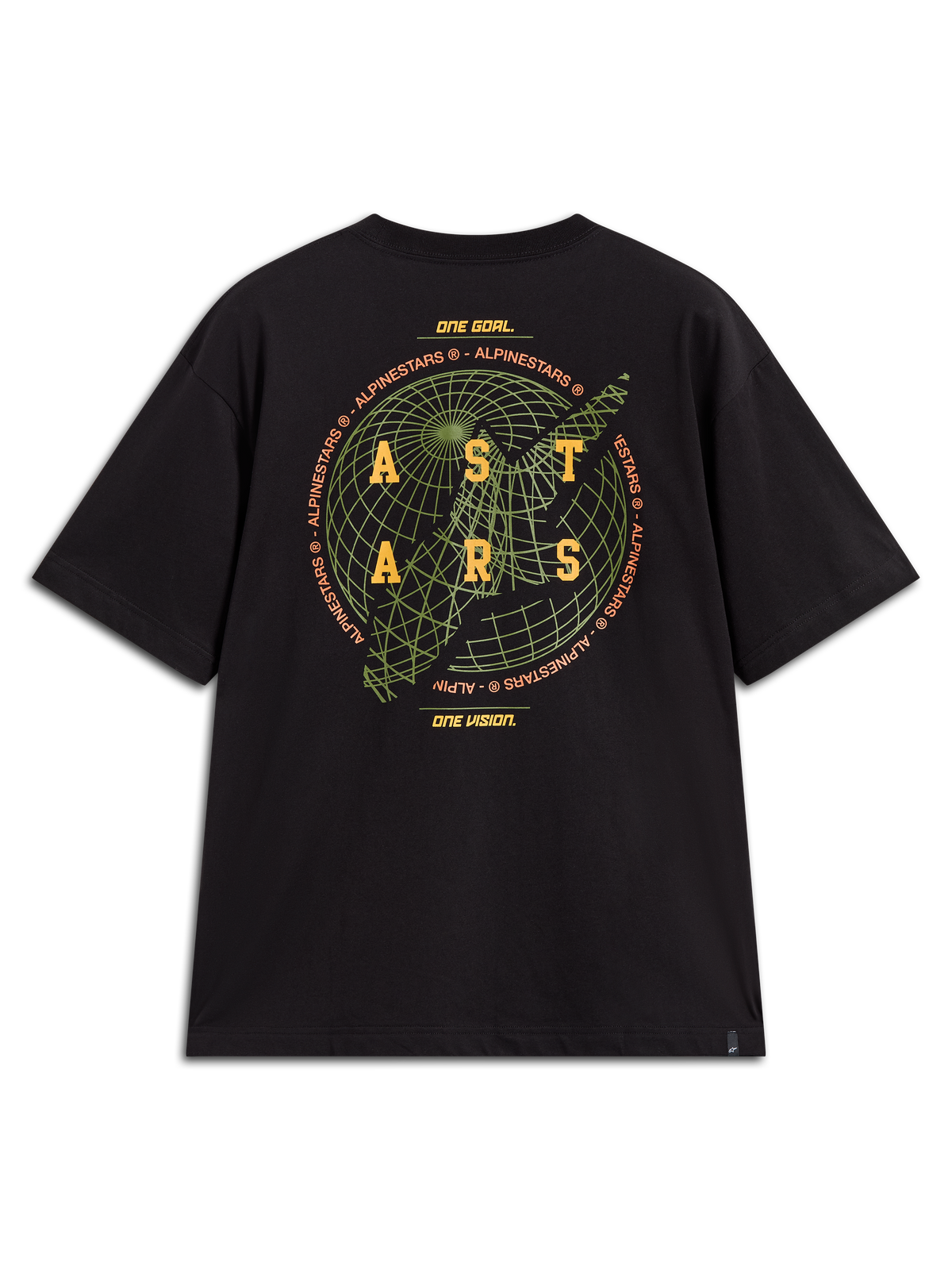 Alpinestars Latitude Oversized CSF Tee, t-shirt de manga curta casual, preta, gráfico de globo verde e logótipo ASTARS amarelo nas costas com lema da marca