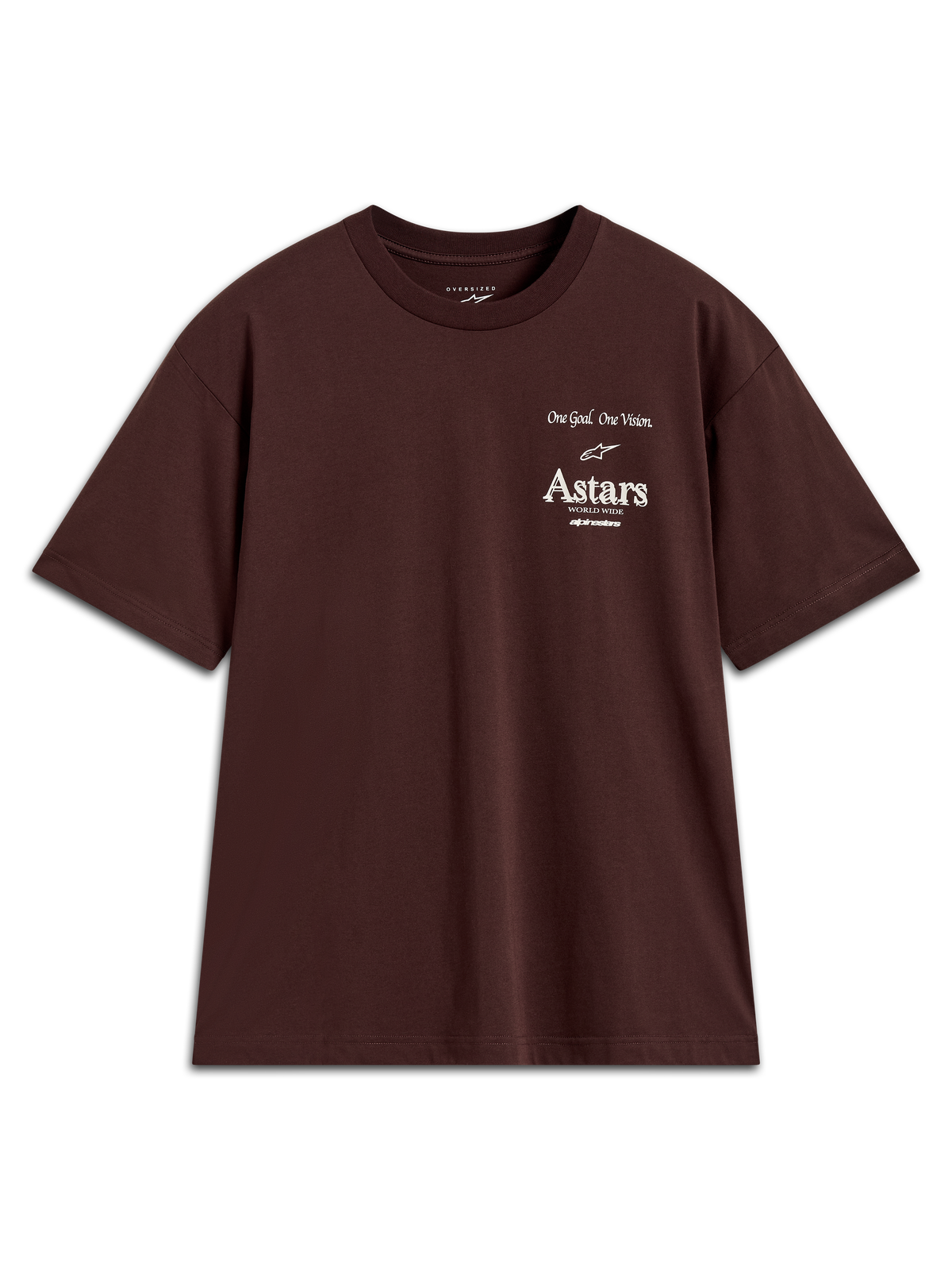 Alpinestars Post Oversized CSF Tee, t-shirt de manga curta castanha, logótipo Astars branco no peito, estilo oversized