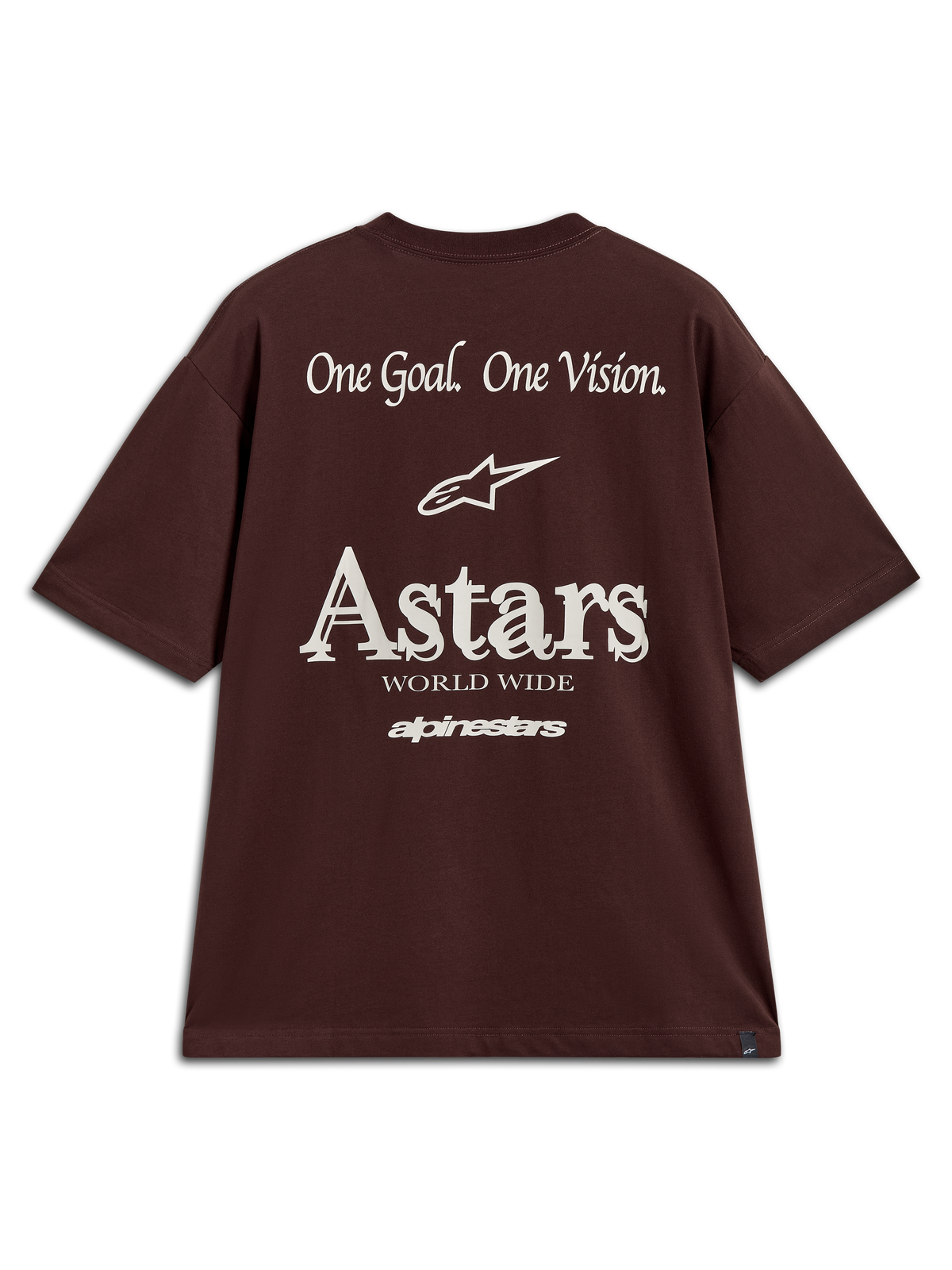 Alpinestars Post Oversized CSF Tee, t-shirt castanha de manga curta, com grafismo Astars One Goal One Vision nas costas.