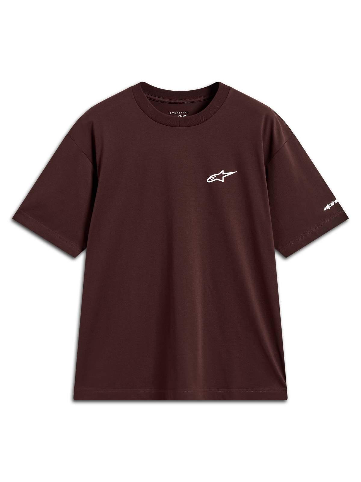 Alpinestars Mandate Oversized CSF Tee, t-shirt de manga curta castanha, logótipo Astars branco em puff print no peito e detalhe na manga, estilo casual oversized.