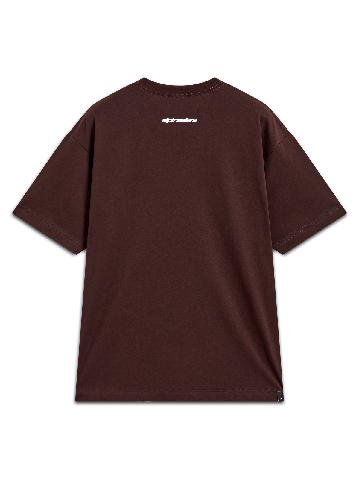 Alpinestars Mandate Oversized CSF Tee, t-shirt de manga curta, castanha, vista traseira com gráfico de logótipo Alpinestars branco, estilo casual de sportswear.