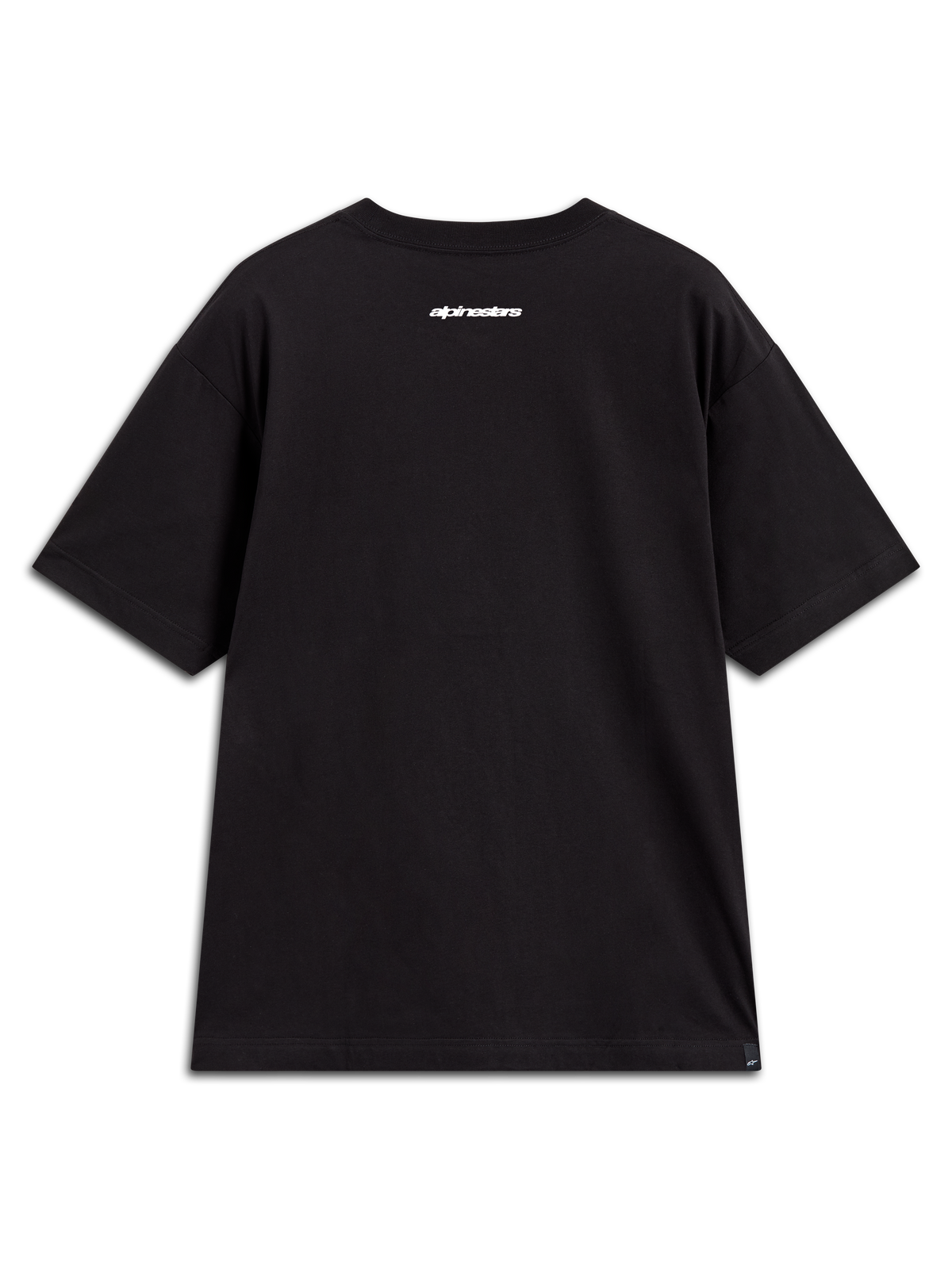 Alpinestars Prelude Oversized CSF Tee, t-shirt preta de manga curta com gráfico branco nas costas, estilo descontraído.