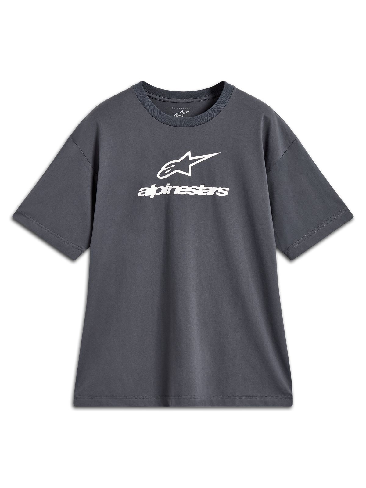 Alpinestars Prelude Oversized CSF Tee, t-shirt de manga curta cinzento carvão com logótipo branco na frente, estilo sportswear casual e corte oversized.