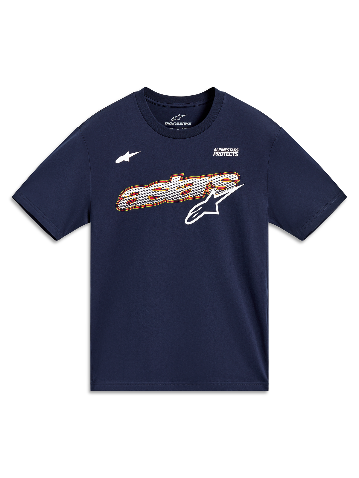 Alpinestars Cypress CSF Tee, t-shirt de manga curta azul-marinho com gráfico Astars em malha e lema Alpinestars Protects