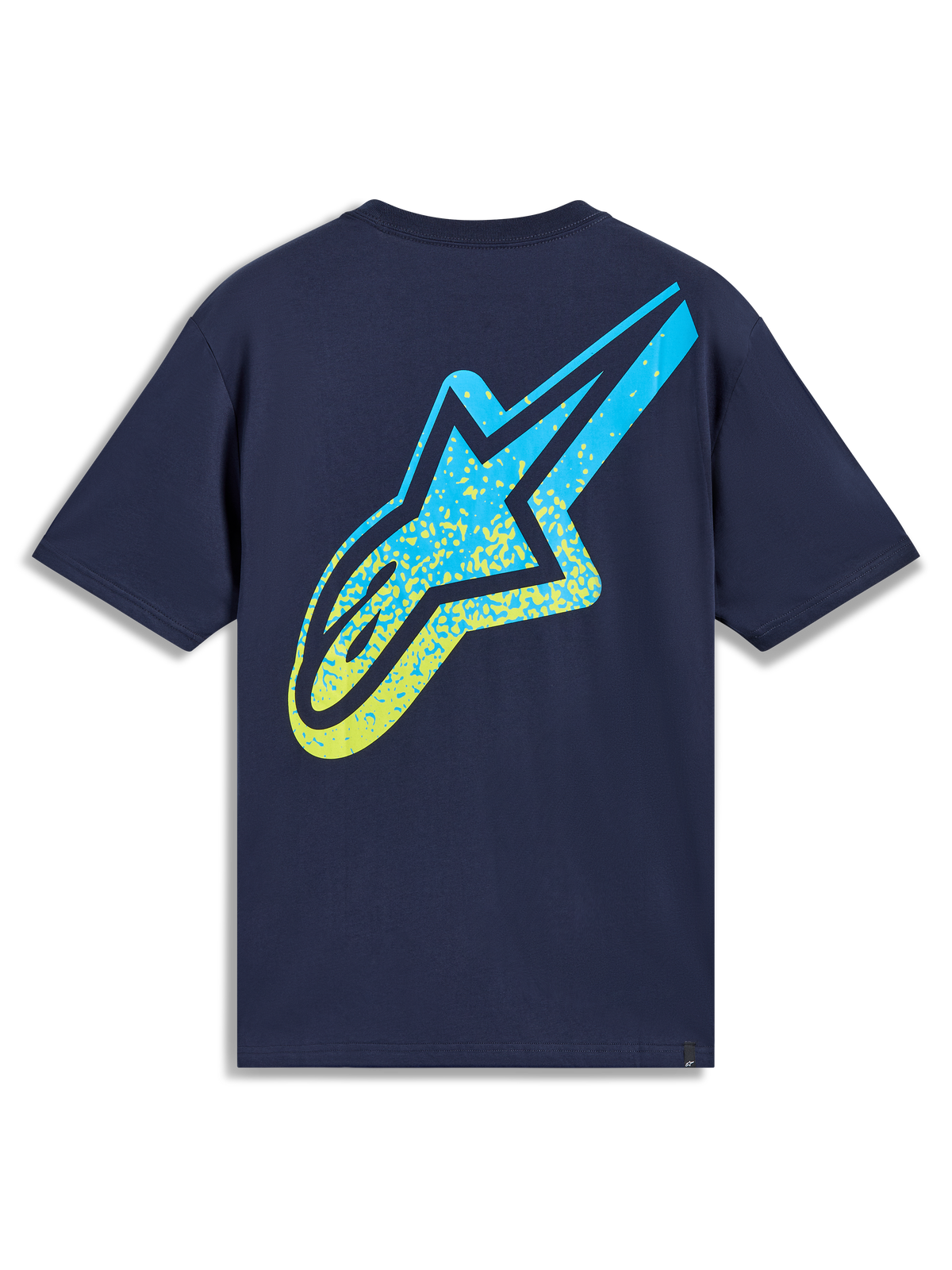 Alpinestars Meteor CSF Tee, t-shirt de manga curta azul-marinho com logótipo Astars grande em gradação azul e amarelo.