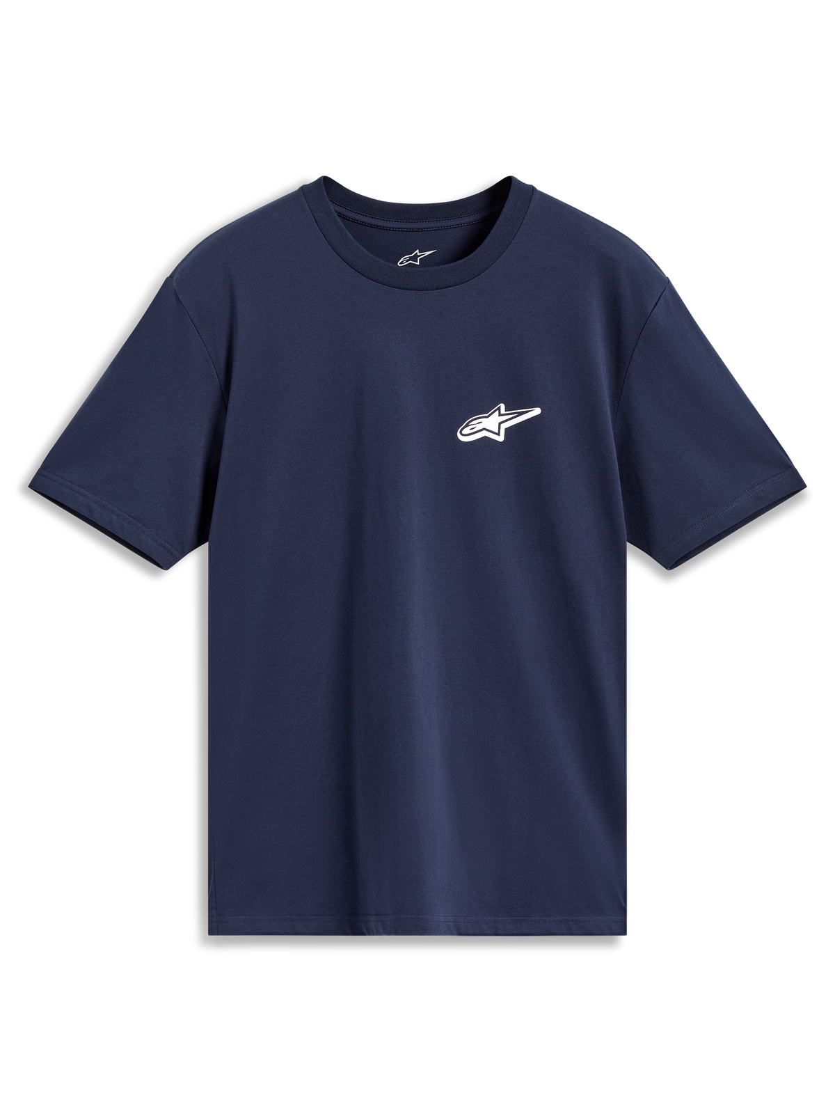 Alpinestars Meteor CSF Tee, t-shirt de manga curta azul-marinho com logótipo Astars branco no peito, casual sportswear.