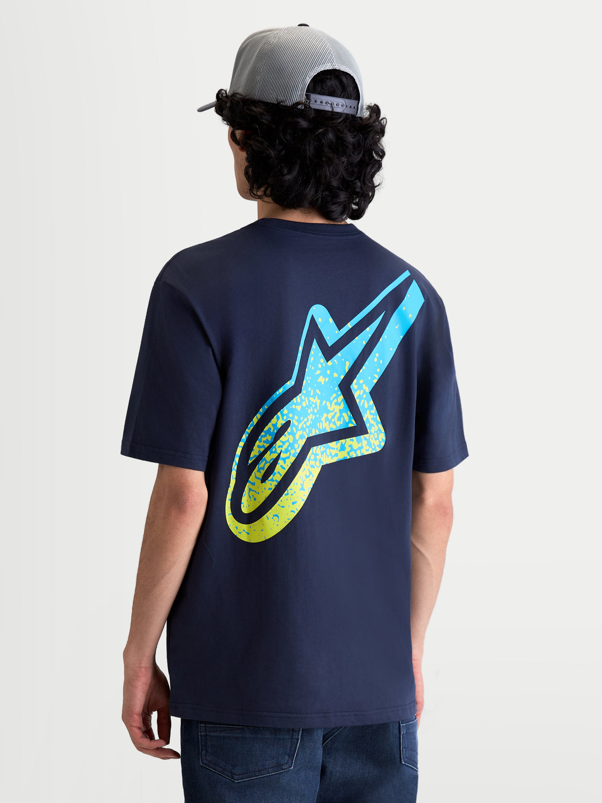 Alpinestars T-Shirt Meteor CSF, t-shirt de manga curta azul marinho, vista traseira com logótipo Astars em gradação de azul e verde lima, unissexo, sportswear inspirado no MX.