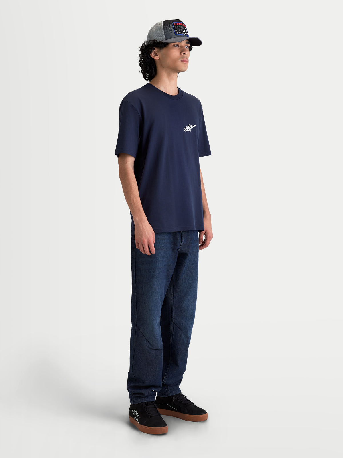 Alpinestars T-Shirt Meteor CSF, t-shirt de manga curta para homem, azul marinho com logótipo Astars branco no peito, casual sportswear, mostrada no modelo.