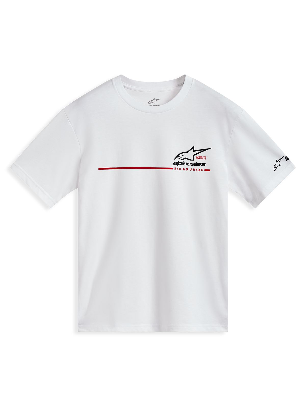 Alpinestars P1 CSF Tee, t-shirt de manga curta branca com faixa de corrida vermelha e logótipo preto, roupa desportiva casual