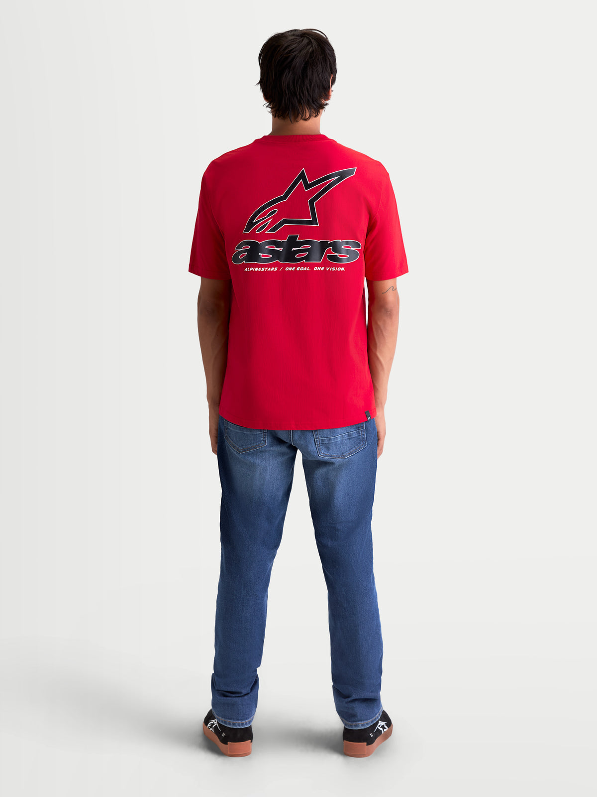 Alpinestars Lineout CSF Tee, t-shirt de manga curta para homem, vermelha, vista traseira com logótipo Astars grande e gráfico em preto e branco, sportswear casual.
