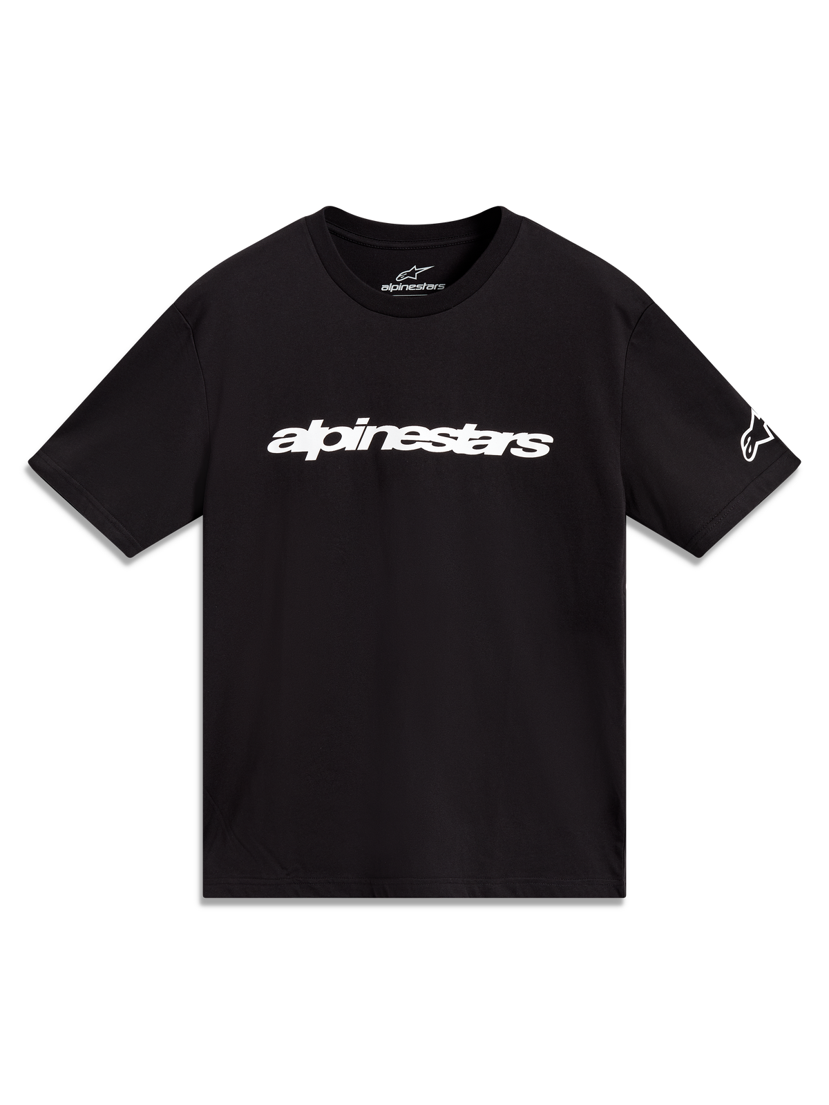 Alpinestars Race Wordmark CSF Tee, t-shirt de manga curta preta, logótipo linear branco e grafismo na manga, sportswear.