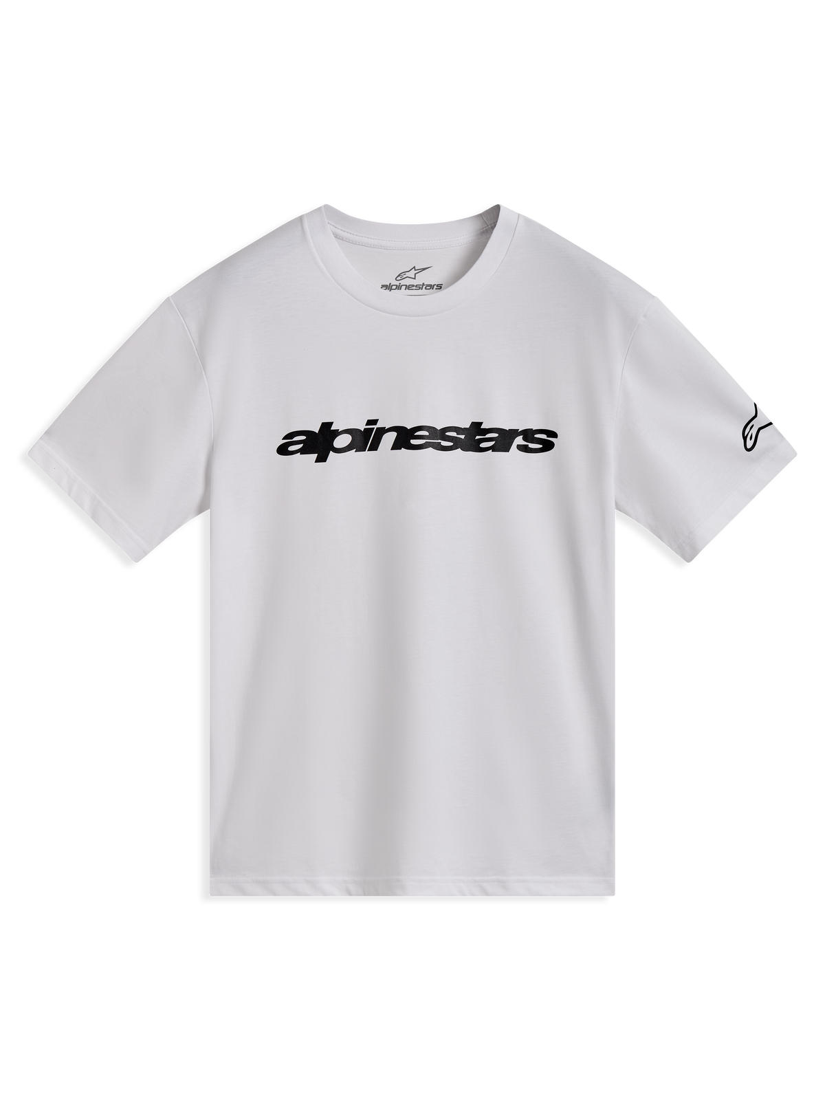 Alpinestars Race Wordmark CSF Tee, t-shirt de manga curta branca, logótipo frontal e gráfico na manga pretos, sportswear casual